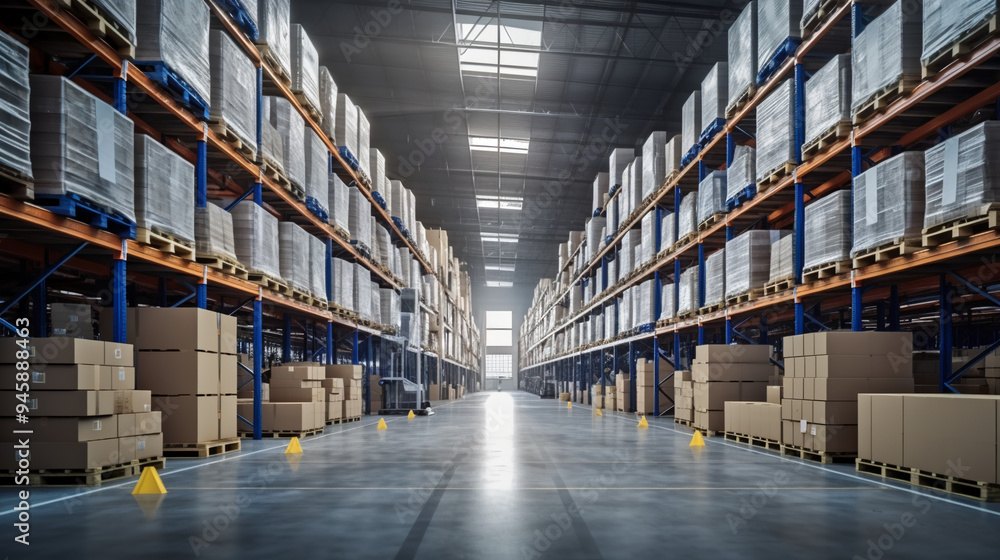 A warehouse with pallets and shelves filled with boxes of goods, representing the concept of a stock background. A warehouse with pallets and shelves filled with boxes of goods, representing the concept of a stock background.
