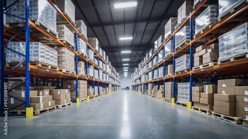 A warehouse with pallets and shelves filled with boxes of goods, representing the concept of a stock background.