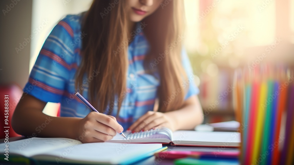 teenage girl writing notes in a school notebook, teenage girl writing notes in a school notebook,