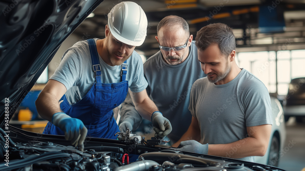 Team of Engineers Working on Car Engine Maintenance. Team of engineers, including a mechanic in a hard hat, work together to maintain a car engine in a busy auto workshop. Team of Engineers Working on Car Engine Maintenance. Team of engineers, including a mechanic in a hard hat, work together to maintain a car engine in a busy auto workshop.