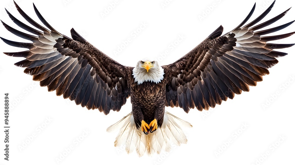 Obraz premium Majestic Bald Eagle with Outstretched Wings in Isolated White Backdrop