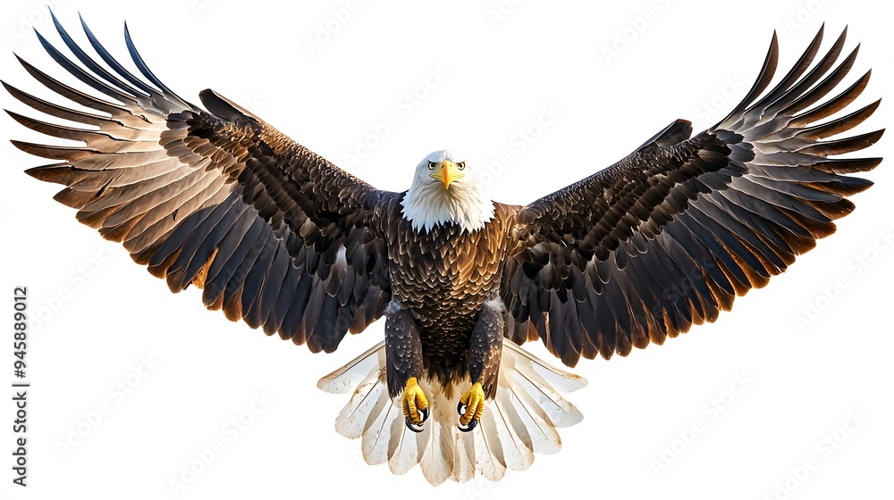 Obraz premium Majestic Bald Eagle Soars with Outstretched Wings on White Background