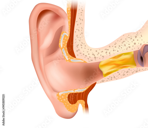 Anatomical illustration of a human ear with ear wax. Formation of earwax blockage.