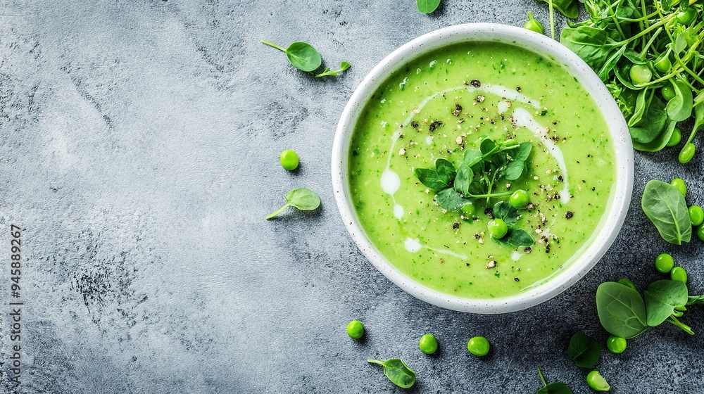 Fresh pea soup with herbs served in a white bowl on a textured gray surface, garnished with cream and green leaves Fresh pea soup with herbs served in a white bowl on a textured gray surface, garnished with cream and green leaves