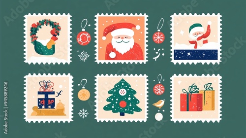 Festive collection of stamps featuring Christmas themes including Santa Claus, gifts, and a decorated tree