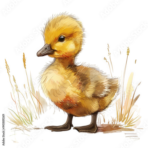 A cute, yellow duckling stands in tall grass, its fluffy feathers visible. The duckling is facing left, with its head tilted slightly