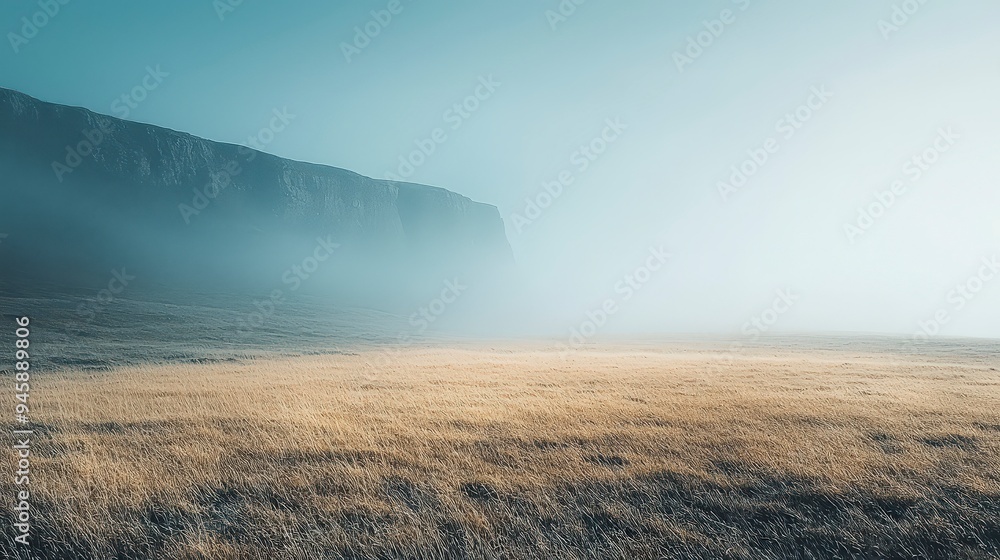 A misty landscape with a distant cliff and golden grass, evoking tranquility and solitude. A misty landscape with a distant cliff and golden grass, evoking tranquility and solitude.