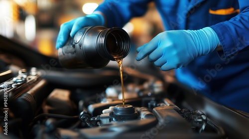 Pouring Fresh Engine Oil for Routine Car Maintenance. Close-up shot of a mechanic in blue gloves pouring fresh engine oil into a car, emphasizing the importance of routine maintenance.