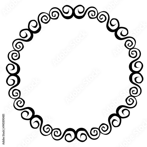 Black round frame in doodle style with spiral pattern