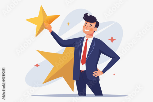 Star employee, success leader or confidence, high performance staff or achievement, evaluation or award winning, quality concept, confidence businessman with excellent golden star. 