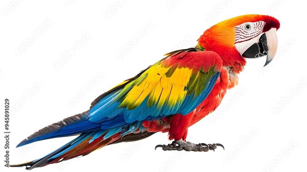 Colorful Macaw Perched on Branch with Vibrant Beak Against White Background Colorful Macaw Perched on Branch with Vibrant Beak Against White Background