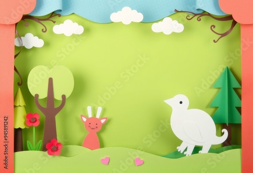 Paper art of green hills, red flowers, and animals with white bird in front of a green background.