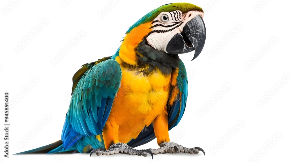 Fototapeta premium Magnificent Macaw Perched with Vibrant Beak on White Background
