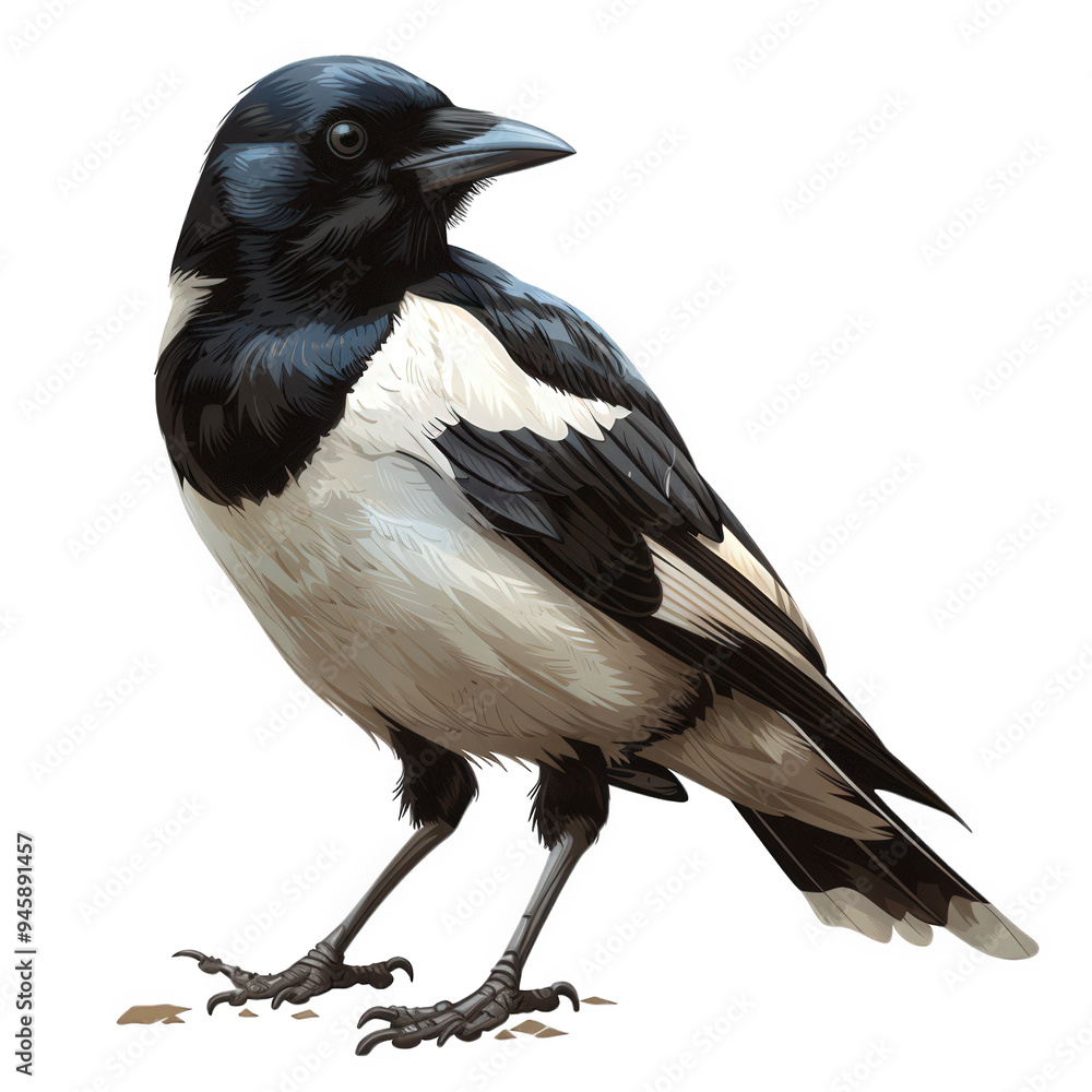 A detailed illustration of a black-headed bird, facing right, with a white and black body, and perched on the ground A detailed illustration of a black-headed bird, facing right, with a white and black body, and perched on the ground