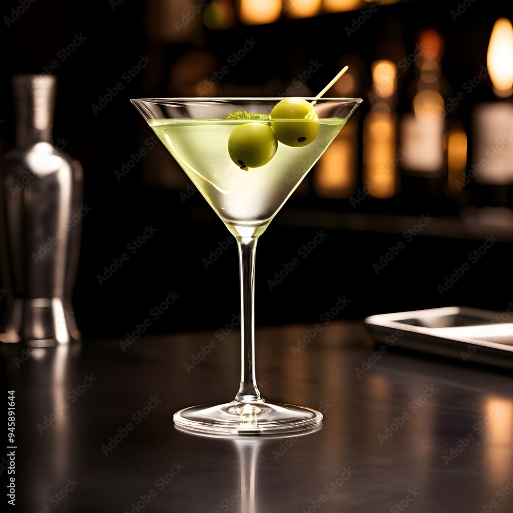 Classic Martini with Olives, martini, classic cocktail, green olives, cocktail stick, bar counter, sleek design, ambient lighting Classic Martini with Olives, martini, classic cocktail, green olives, cocktail stick, bar counter, sleek design, ambient lighting