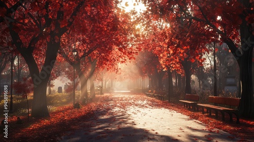 Romantic Path in Red Tree Park. AI generated illustration.