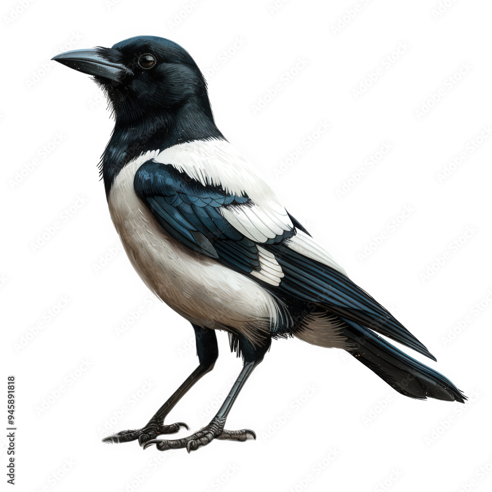 Obraz premium A detailed, hand-drawn illustration of a black-billed magpie with a white and gray body and black wings
