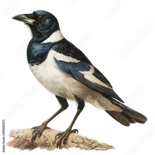 A detailed illustration of a black-collared starling perched on a branch. The bird has a black head and collar, a white breast, and gray wings with black stripes photo