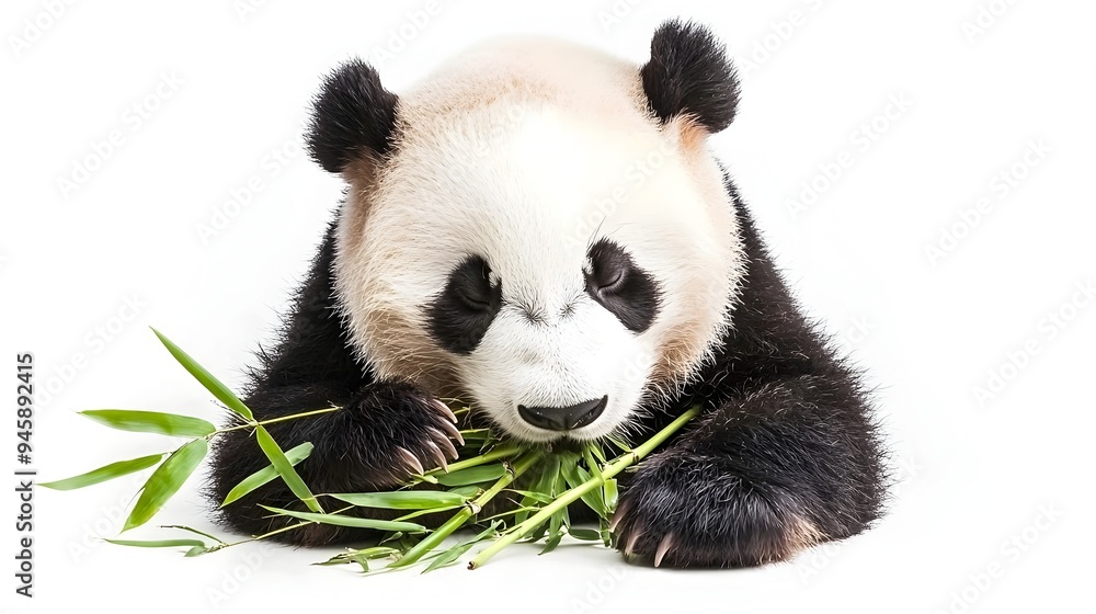 Sleepy Panda Bear Munching on Bamboo in Isolated White Background Sleepy Panda Bear Munching on Bamboo in Isolated White Background