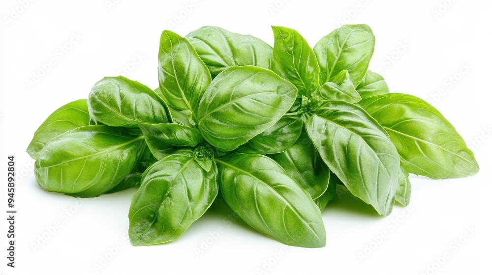 A fresh bunch of green basil leaves, commonly used in cooking and garnishing dishes. A fresh bunch of green basil leaves, commonly used in cooking and garnishing dishes.