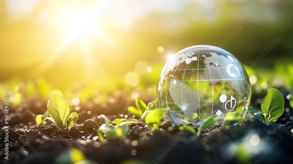 Sustainable growth represented by a clear globe with plants nurtured in soil under sunlight Sustainable growth represented by a clear globe with plants nurtured in soil under sunlight