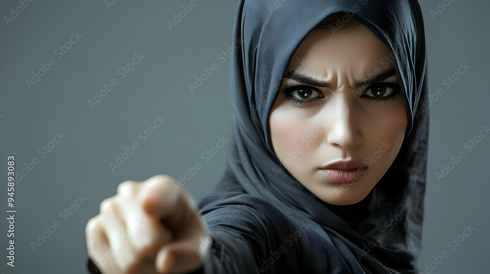 Woman in Headscarf Points Finger with Anger and Determination Woman in Headscarf Points Finger with Anger and Determination