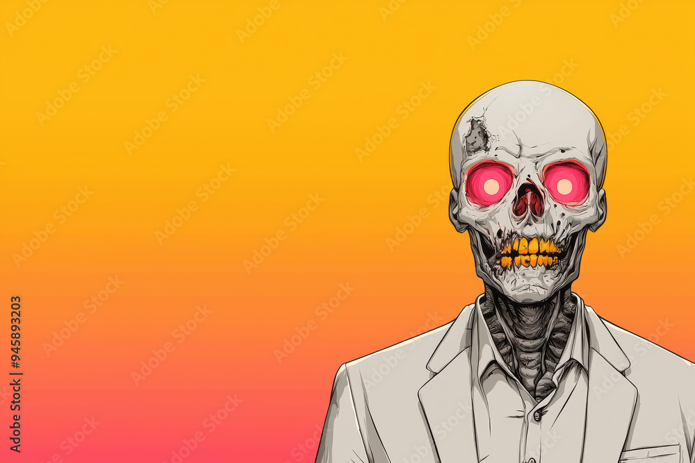 A stylized skeleton with glowing eyes wearing a suit, set against a vibrant gradient background, perfect for Halloween themes. A stylized skeleton with glowing eyes wearing a suit, set against a vibrant gradient background, perfect for Halloween themes.