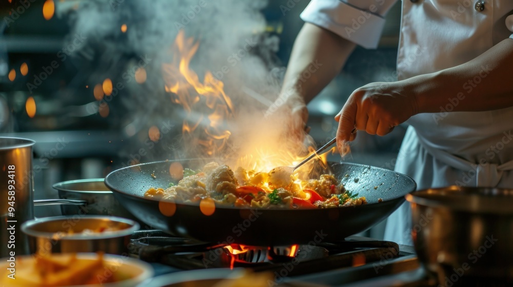 A skilled chef is expertly cooking a delicious meal in a frying pan on a stove A skilled chef is expertly cooking a delicious meal in a frying pan on a stove