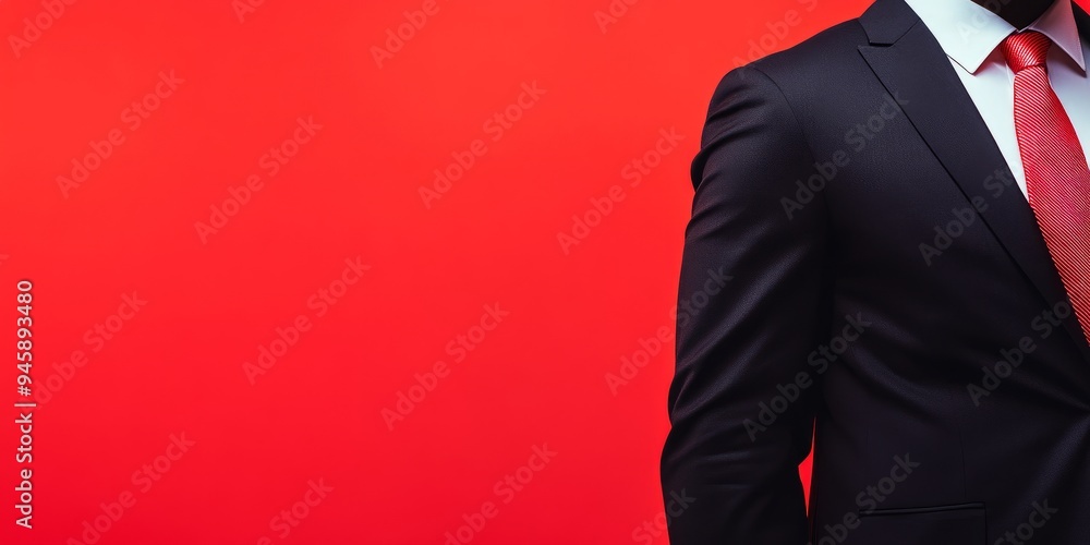 Man in a suit with red tie on red background, side profile Man in a suit with red tie on red background, side profile