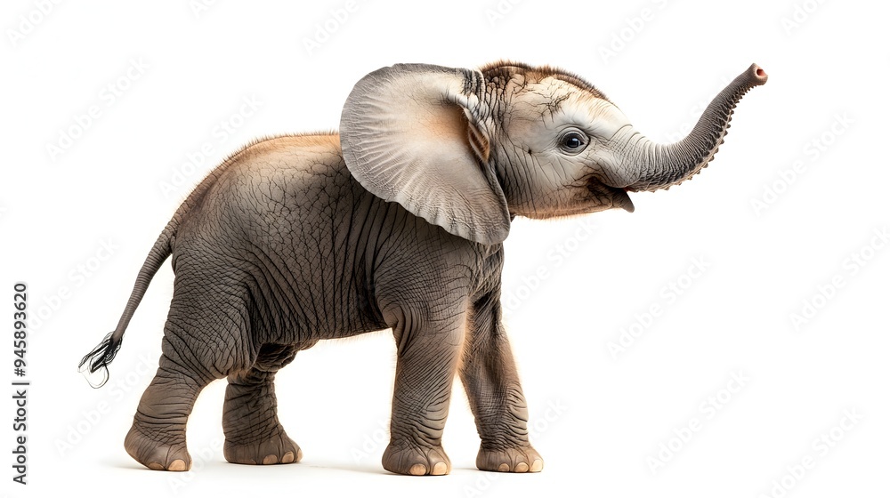 Fototapeta premium Adorable Playful Baby Elephant with Raised Trunk on White Background