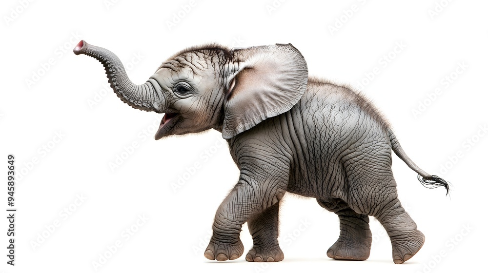 Fototapeta premium Playful Baby Elephant with Raised Trunk on White Background