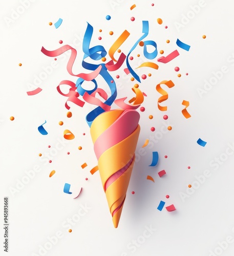 Colorful party cone surrounded by vibrant confetti on a bright background