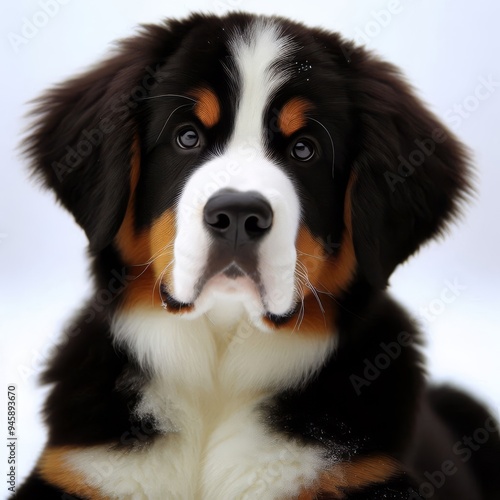 a puppy with a white chest and a black nose sits on a gray background.