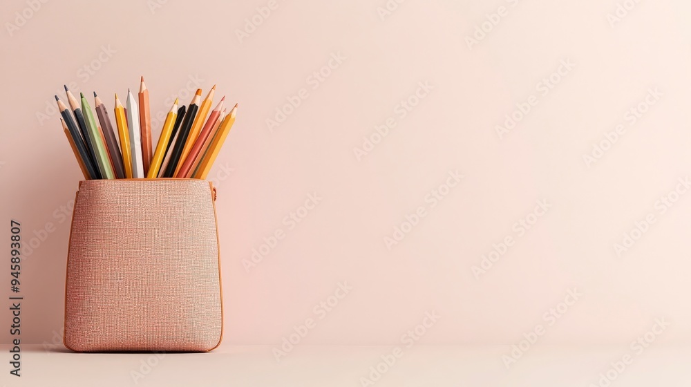 A collection of colored pencils in a stylish container against a soft background. A collection of colored pencils in a stylish container against a soft background.