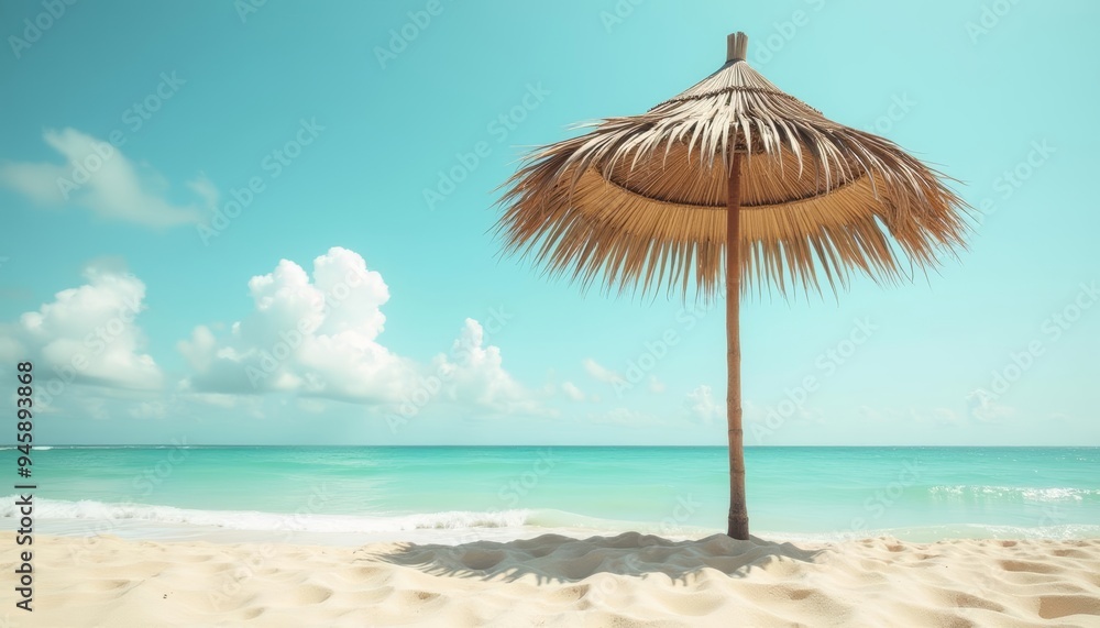 Tranquil beach escape under a thatched umbrella Tranquil beach escape under a thatched umbrella