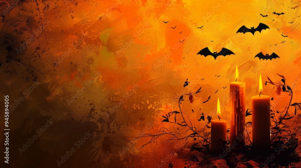 Happy Halloween themed background with cute ghost, orange autumn trees and falling leaves and bats Happy Halloween themed background with cute ghost, orange autumn trees and falling leaves and bats