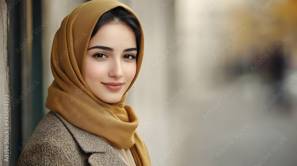 A Woman in a Headscarf Smiles Softly at the Camera, Capturing the Essence of Feminine Grace A Woman in a Headscarf Smiles Softly at the Camera, Capturing the Essence of Feminine Grace