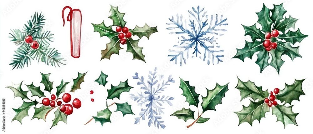 Snowflakes and holly leaves, Christmas theme, watercolor style, isolated on white background Snowflakes and holly leaves, Christmas theme, watercolor style, isolated on white background