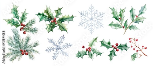 Wallpaper Mural Snowflakes and holly leaves, Christmas theme, watercolor style, isolated on white background Torontodigital.ca