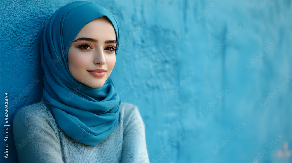 Beautiful Woman Wearing a Turquoise Hijab, Smiling and Looking at the Camera with a Blue Background Beautiful Woman Wearing a Turquoise Hijab, Smiling and Looking at the Camera with a Blue Background