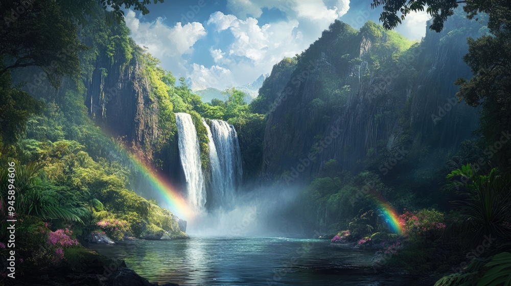 Fototapeta premium Serene Waterfall and Rainbow in a Lush Tropical Paradise