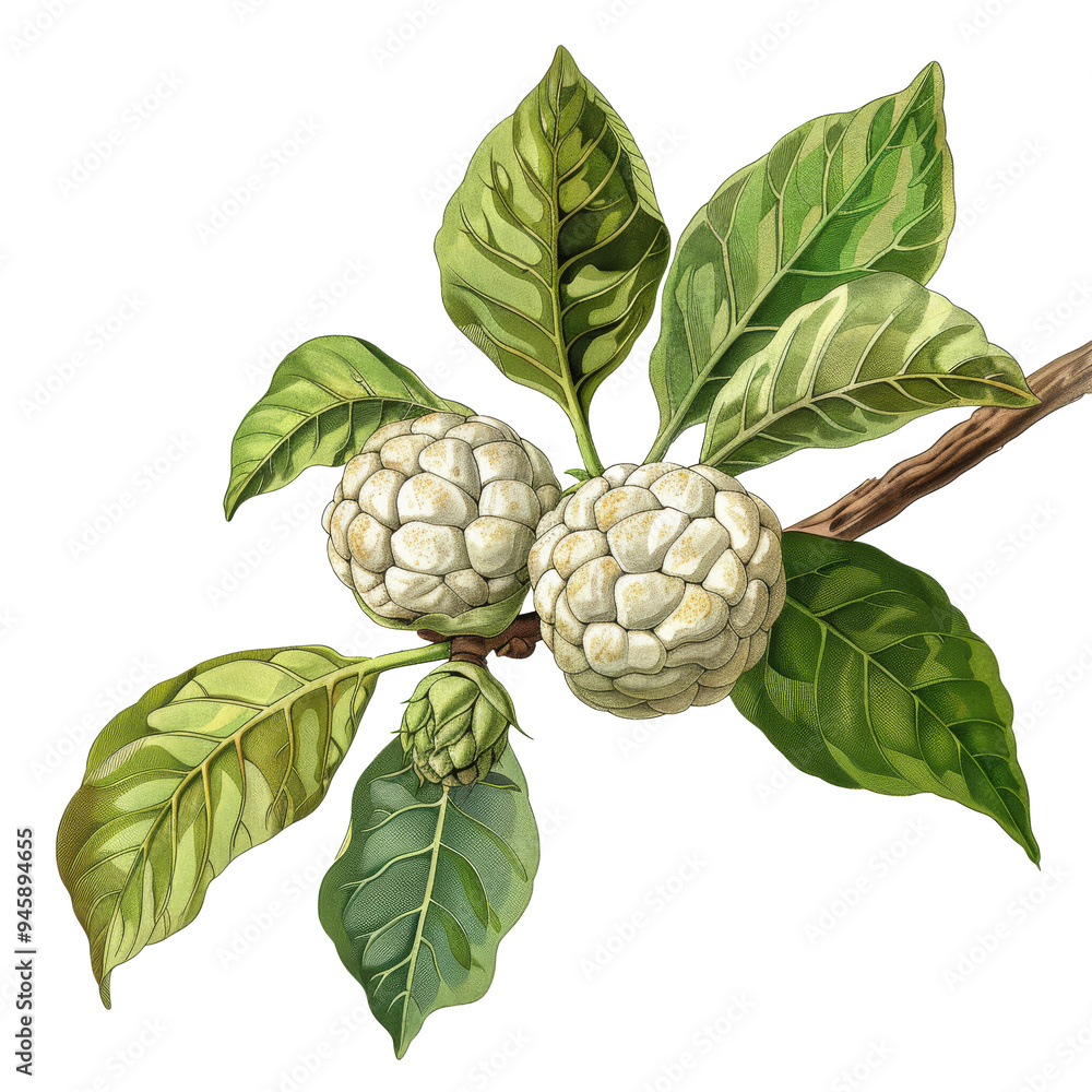Obraz premium Custard apple branch old botanical illustration, isolated on white Job ID: 1f685a0c-cfd0-4dde-bc03-eb0f90860850