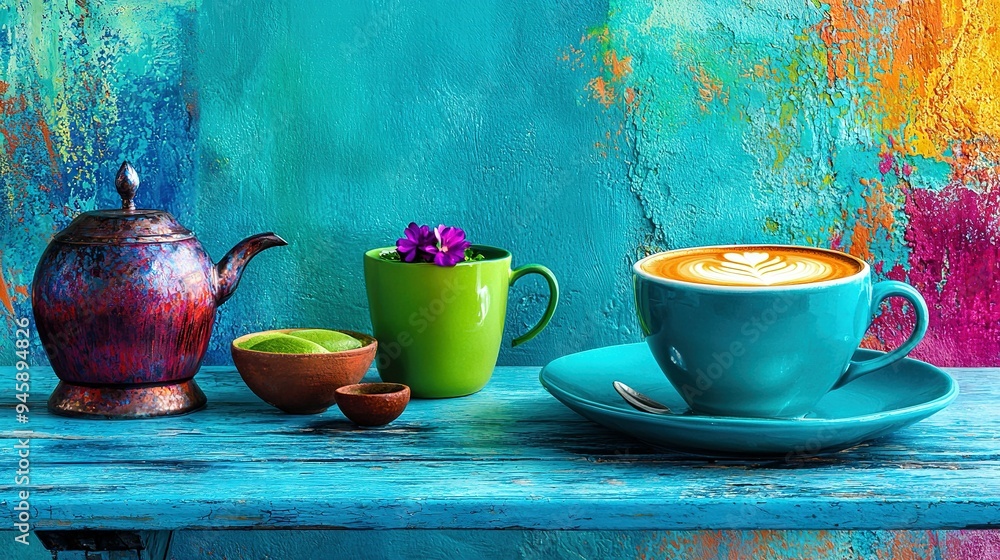 A painting depicts a coffee cup, teapot, and tea cup on a blue table A painting depicts a coffee cup, teapot, and tea cup on a blue table