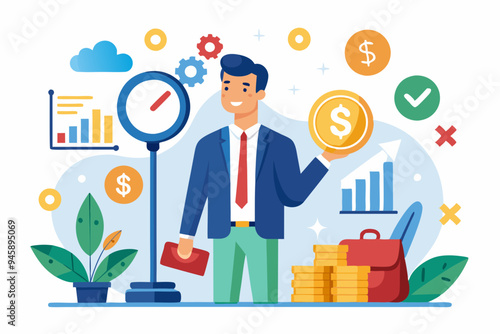 Business evaluation, analyze company worth or market value, merger and acquisition to determine corporate valuation, revenue profit or earning concept, businessman evaluate company with dollar money. 