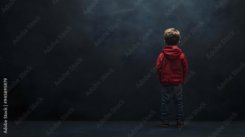 Young Boy Standing Facing a Wall, Looking Upward, Uncertain Future, Hope and Fear, Child's Perspective, Minimalist Composition, Back View, Solitude, Thoughtful Expression, Dark Background, Red J Young Boy Standing Facing a Wall, Looking Upward, Uncertain Future, Hope and Fear, Child's Perspective, Minimalist Composition, Back View, Solitude, Thoughtful Expression, Dark Background, Red J