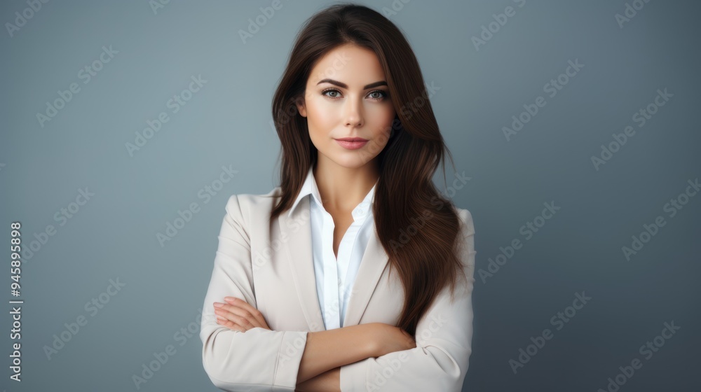 business woman with a warm smile, standing in a modern outdoor environment business woman with a warm smile, standing in a modern outdoor environment