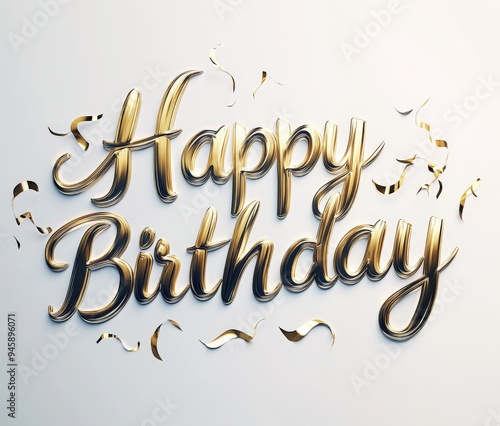 Elegant golden text wishing a happy birthday with decorative confetti accents
