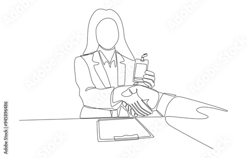 Continuous one line drawing of hr officer giving employee ID badge to new employee, entering work for the first time concept, single line art.
