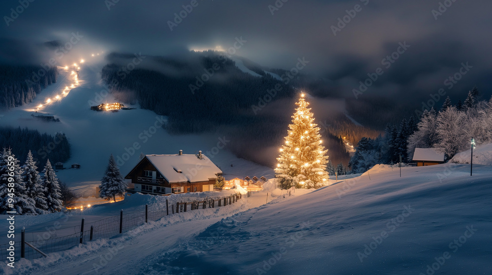 Christmas tree on a snowy mountain closely, standing alone Christmas tree on a snowy mountain closely, standing alone