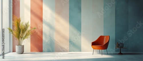 Modern Minimalist Interior with Colorful Striped Wall and Orange Chair in Sunlit Room